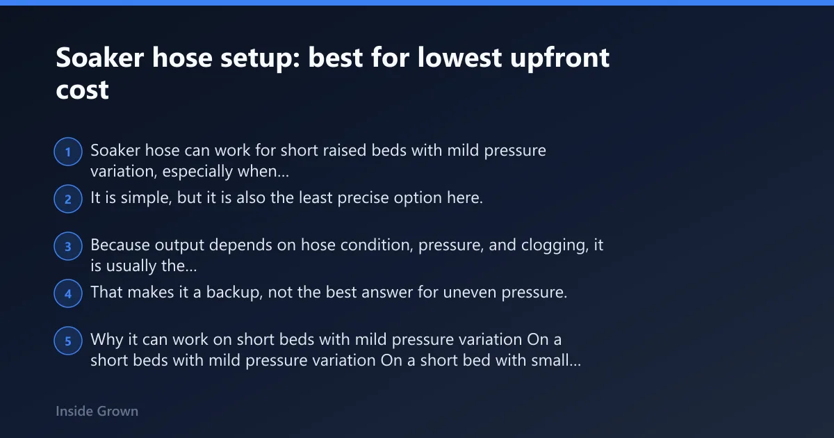 Steps: Soaker hose setup: best for lowest upfront cost