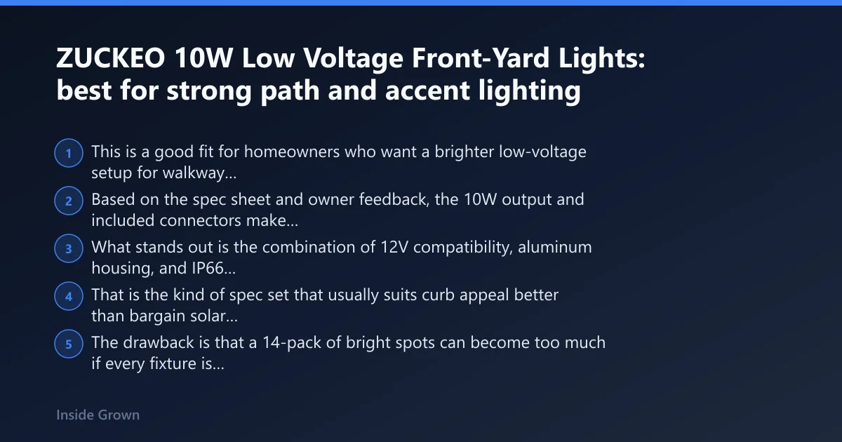 Steps: ZUCKEO 10W Low Voltage Front-Yard Lights: best for strong path and accent lighting