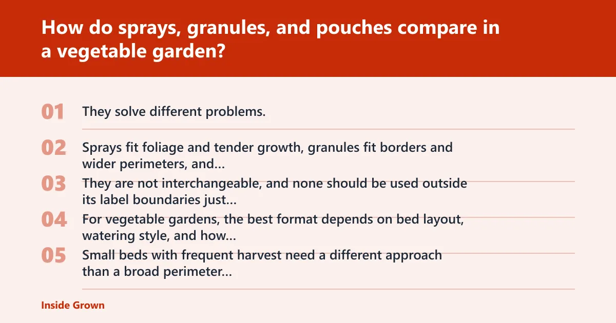 Steps: How do sprays, granules, and pouches compare in a vegetable garden?