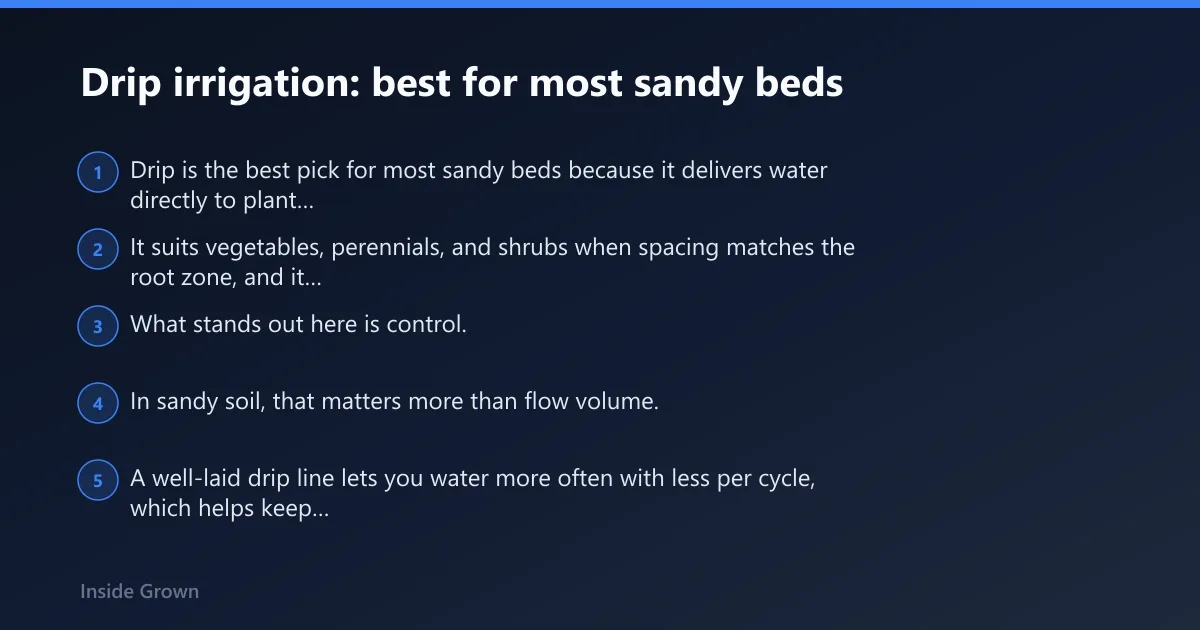 Steps: Drip irrigation: best for most sandy beds
