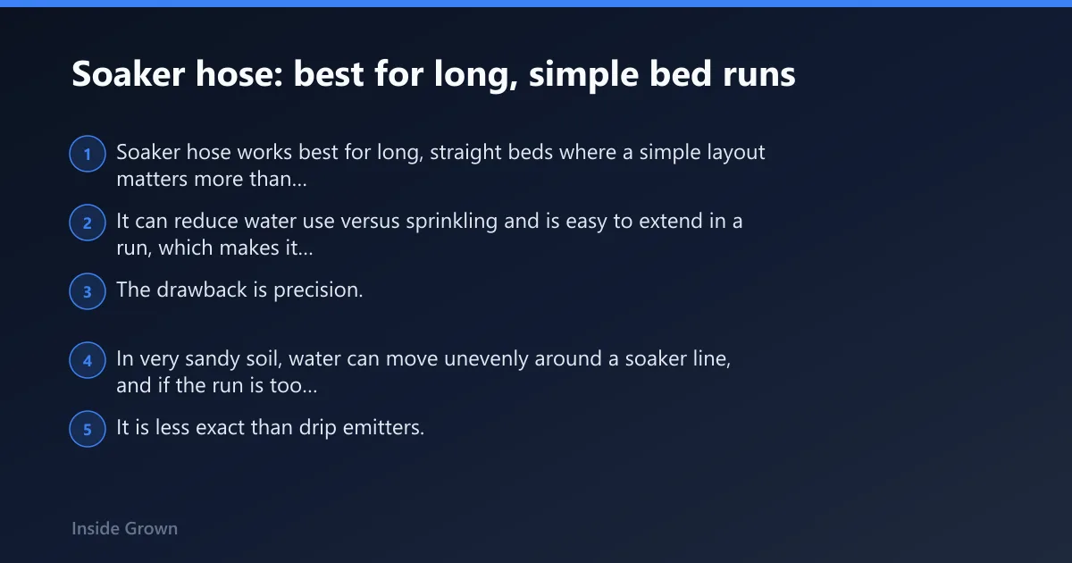 Steps: Soaker hose: best for long, simple bed runs