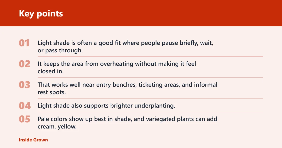 Key points: How much shade do benches, café tables, and overflow zones need?