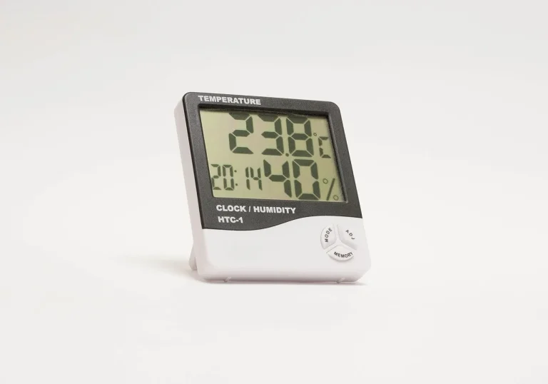 Indoor bonsai beside a pebble humidity tray and hygrometer in a bright dry room