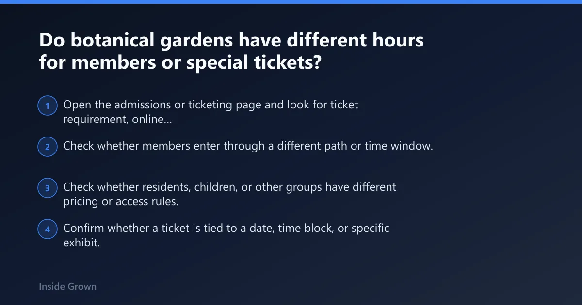 Steps: Do botanical gardens have different hours for members or special tickets?