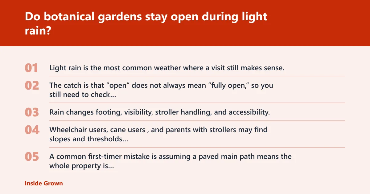 Steps: Do botanical gardens stay open during light rain?
