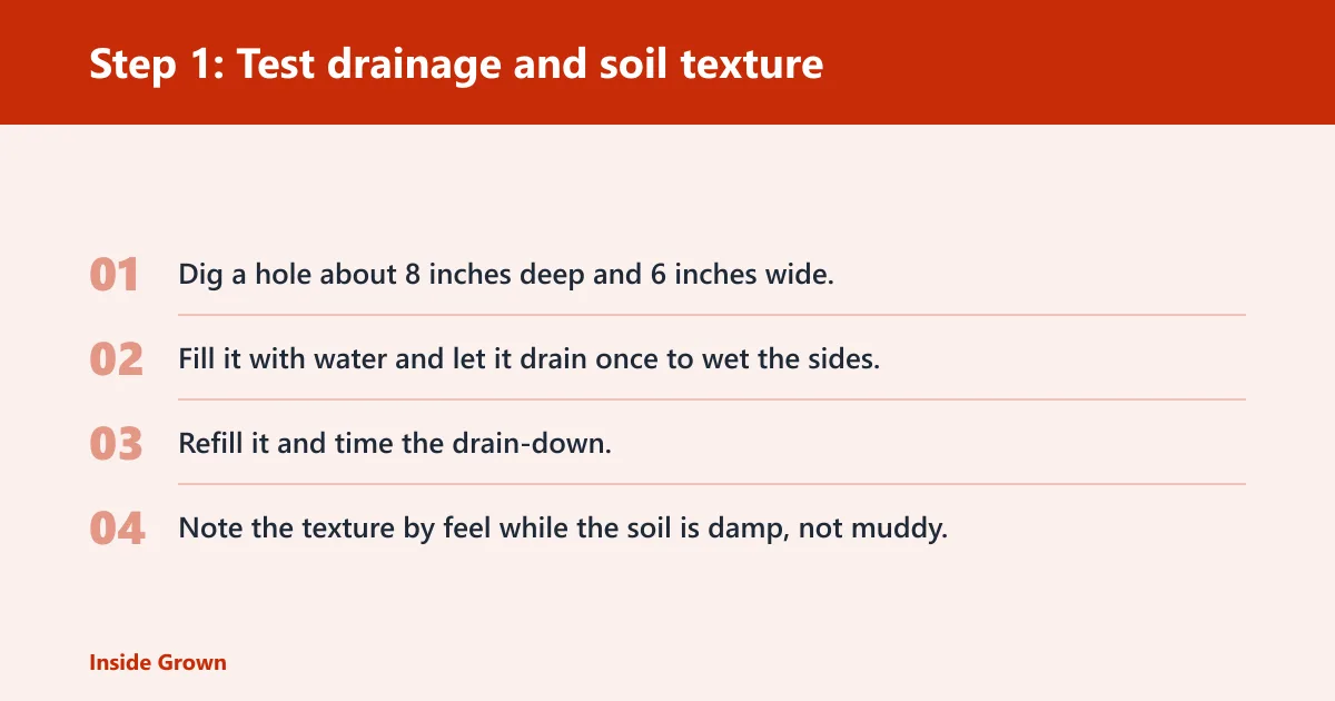 Steps: Step 1: Test drainage and soil texture