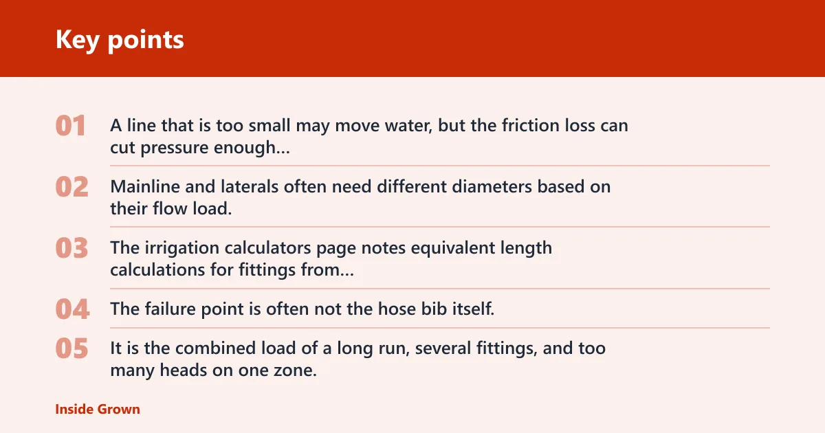 Key points: Pipe size, fittings, and friction loss