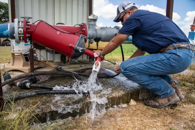 Home gardener flushing a drip irrigation line beside a raised bed in spring