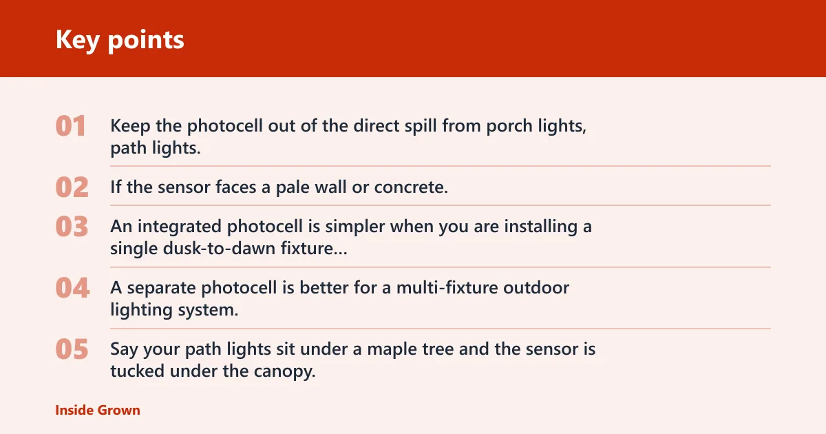 Key points: Where should a dusk-to-dawn sensor be placed outdoors?
