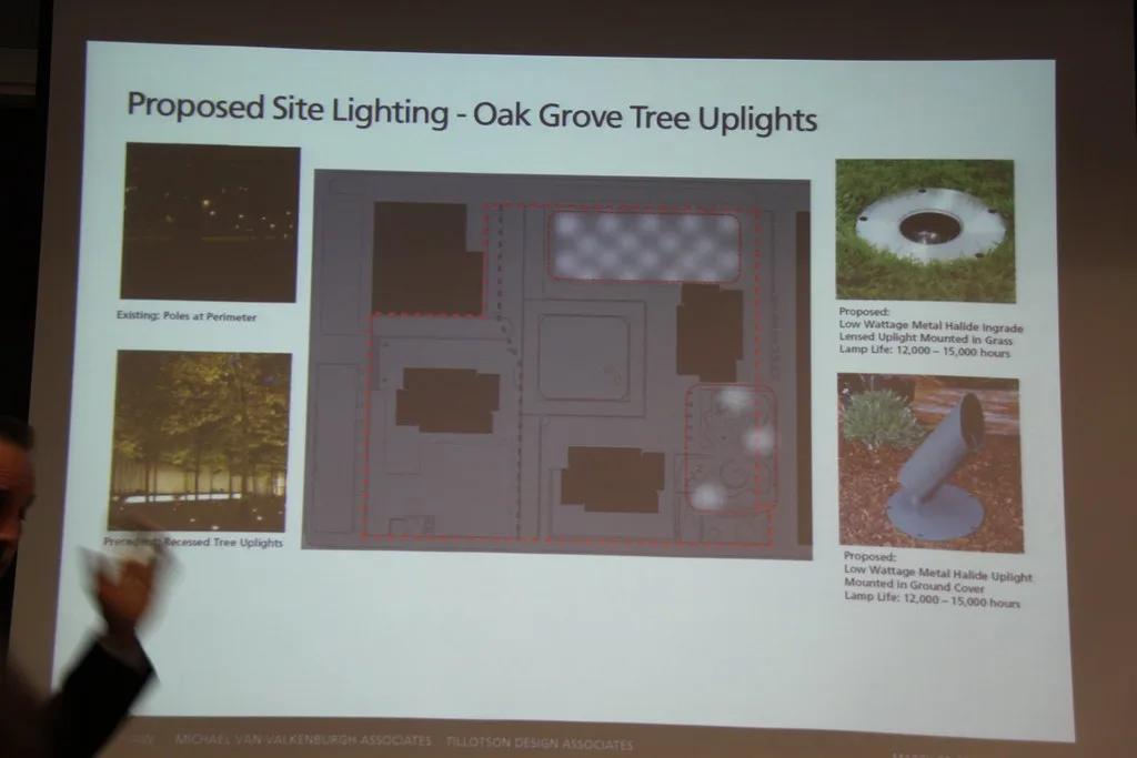 Landscape fixtures uplight a mature oak and smaller maple in a backyard at dusk.