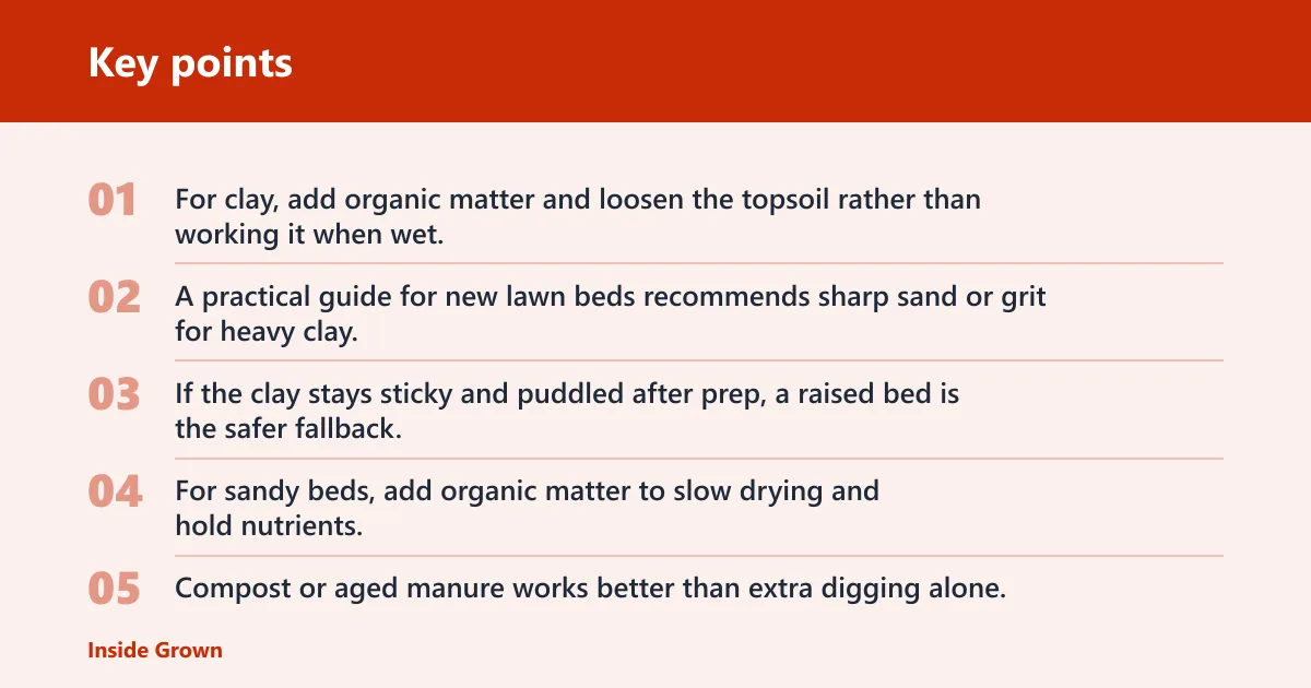 Key points: How do you adjust for clay, sand, and lawns?