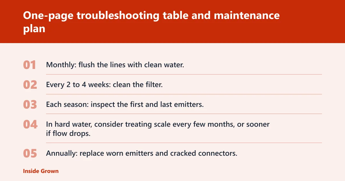 Steps: One-page troubleshooting table and maintenance plan