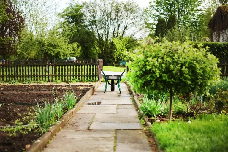 A family stands by raised beds with a crop rotation map in a small vegetable garden