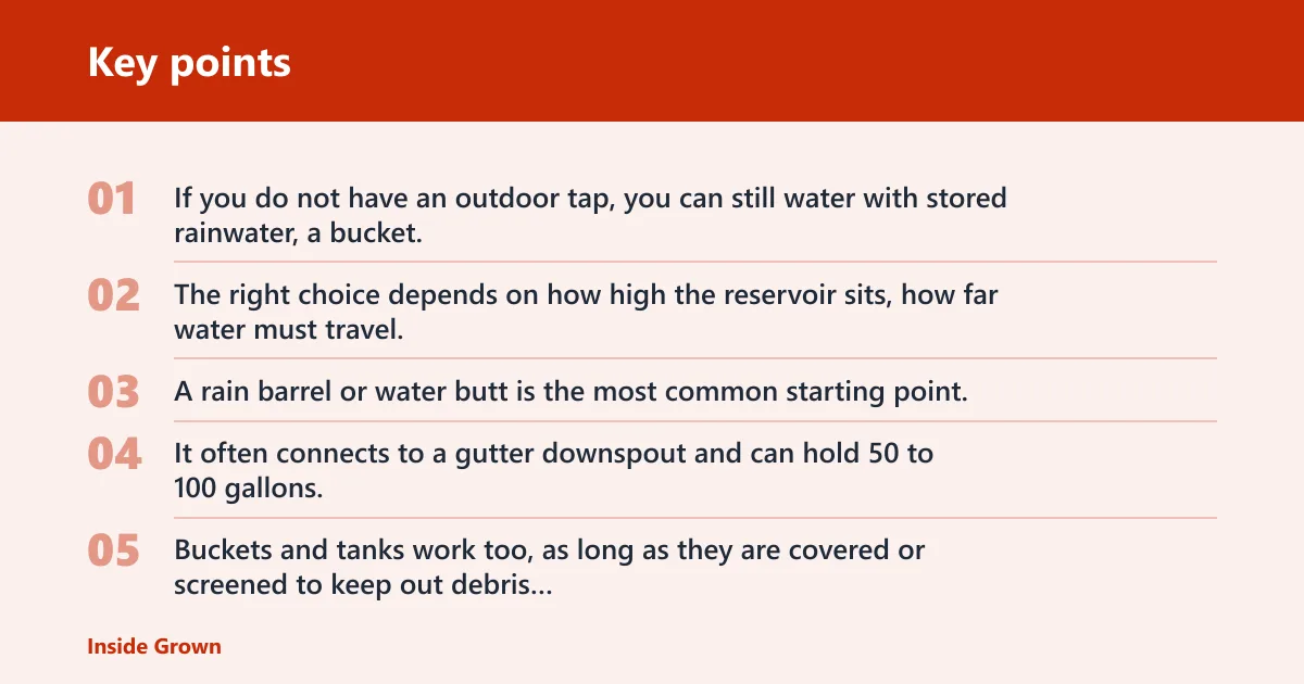 Key points: Water without a tap: the basic options