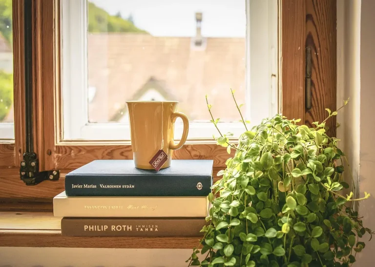 Apartment seed-starting shelf by a window with trays, grow light, and a watering can