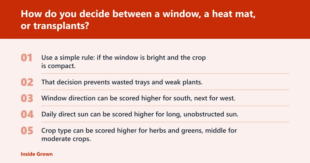 Steps: How do you decide between a window, a heat mat, or transplants?