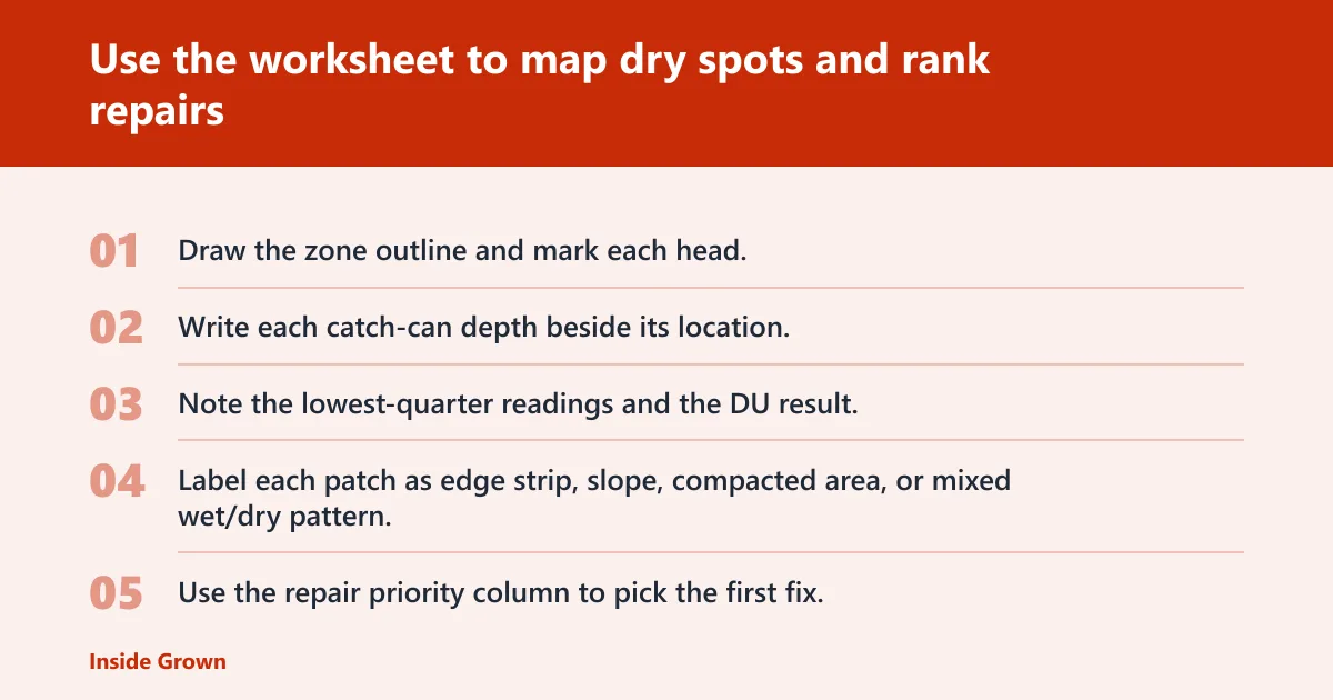 Steps: Use the worksheet to map dry spots and rank repairs