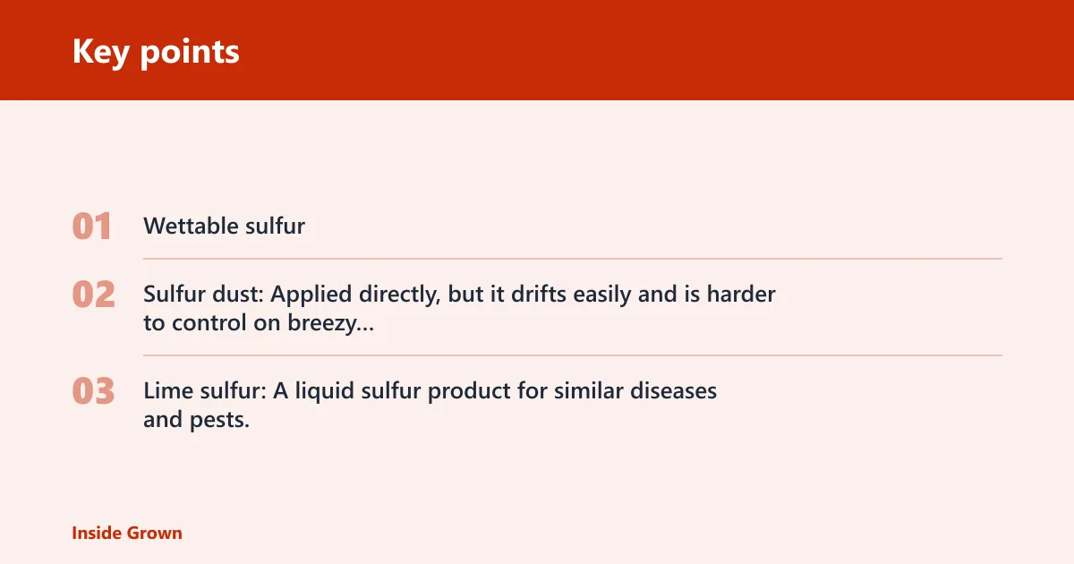 Key points: What is the difference between sulfur dust, wettable sulfur, and lime sulfur?
